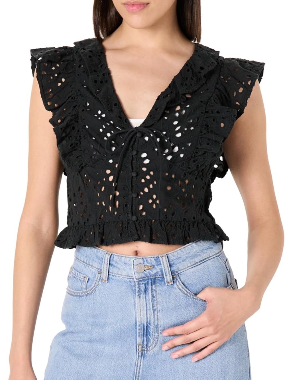 Black Eyelet Ruffle Tie-Front Crop Top